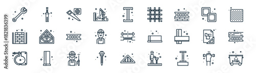 linear steelwork icon pack. vector thin line icons collection such as glove, nail, saw, plate, worker, wood, roof, bin