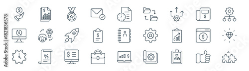 linear business icon pack. vector thin line icons collection such as like, report, badge, newspaper, clipboard, premium quality, chart, solution