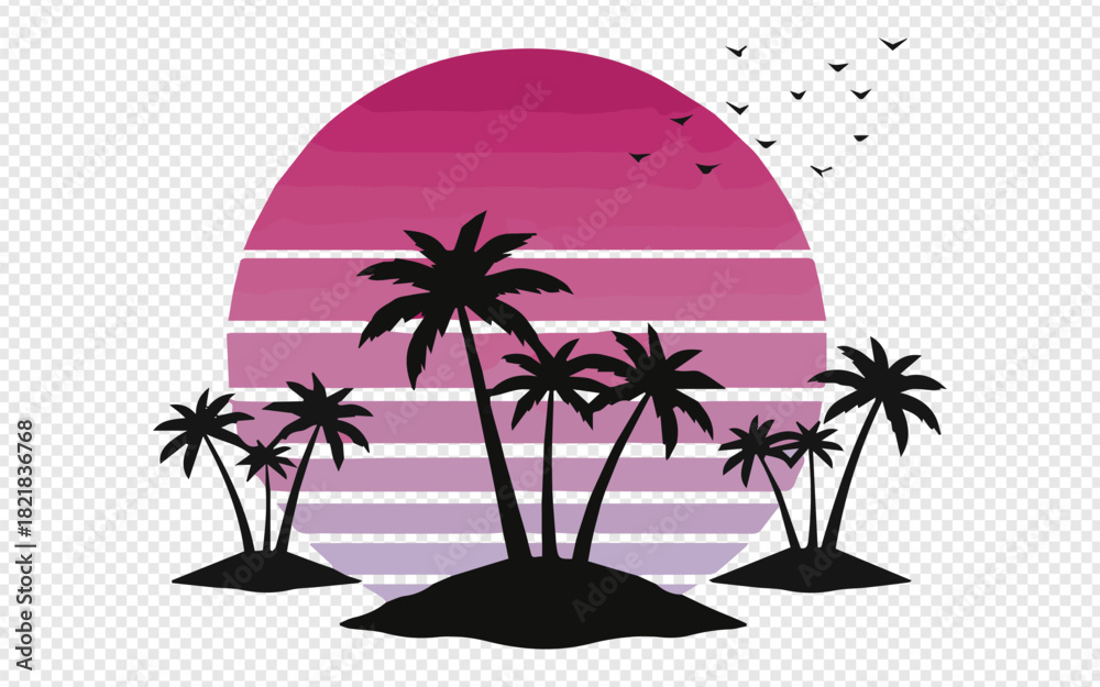 Fototapeta premium Dreamy tropical island silhouette with retro sunset and birds, perfect for vacation vibes, summer promotions, and travel designs that evoke paradise