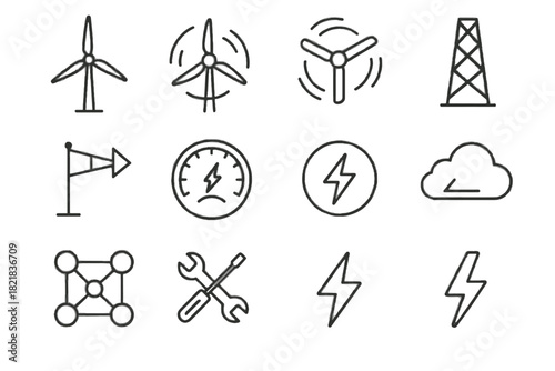 Wind energy maintenance icon tower turbine lightning output bolt vector gear