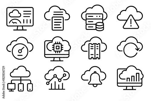 Monitor activity bell icons monitoring cloud server usage vector devices network dashboard