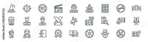 linear cinema icon pack. vector thin line icons collection such as no phone, countdown, recording, no smoking, spotlight, director chair, tv, id