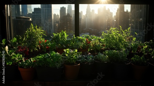 A vibrant image showcasing an urban garden filled with various plants, bathed in sunlight, set against a backdrop of a bustling city skyline.
