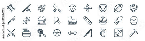 linear sport and games icon pack. vector thin line icons collection such as pinball, billiard, dart, rugby, table tennis, boxing, dumbell, ice axe