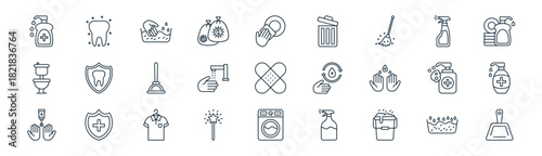 linear hygiene icon pack. vector thin line icons collection such as laundry, tooth, washing clothes, window cleaner, hand wash, soap, washing hine, dustpan