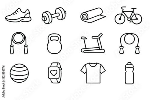 Icon fitness sports water vector band set treadmill dumbbell ball shoe jump