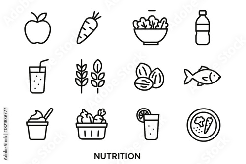 Vector salad smoothie vegetable carrot set fish nutrition yogurt apple icon glass