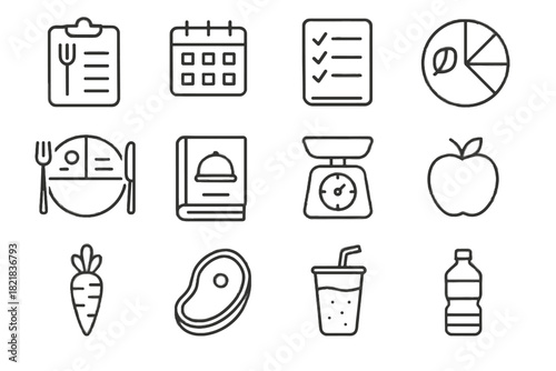 Icons book smoothie bottle water nutrition planning list vector grocery icon food
