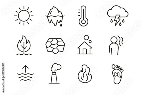 Stack land warming smoke storm gas drought vector sea icon rays global