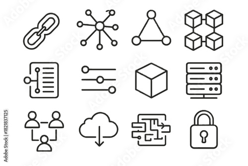 Digital block set server flow icon connection vector chain blockchain network cube