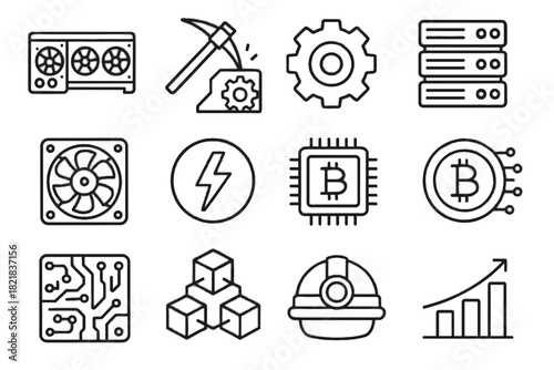 Digital icon blockchain rig fan mining bolt circuit graph vector energy icons