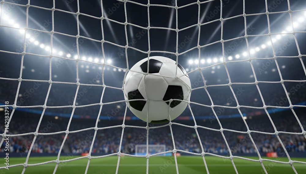 Naklejka premium A soccer ball is caught in the net of a goal during a night game under stadium lights.