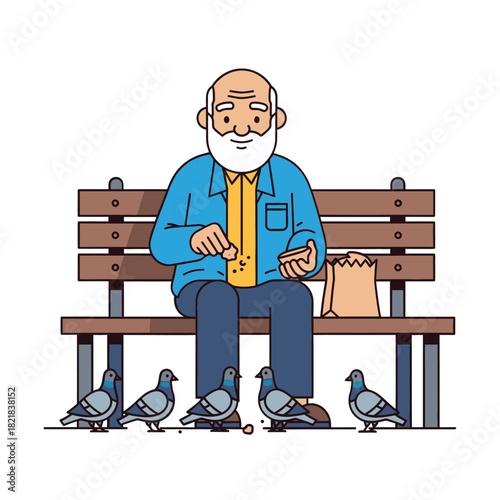 Elderly man feeding pigeons on a park bench simple flat vector illustration typography t shirt design