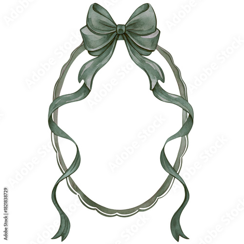 Elegant green ribbon oval frame watercolor illustration with long flowing bow and vintage decorative details