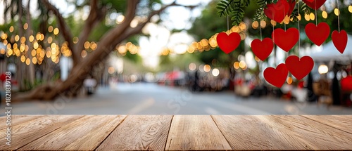 Wooden table ready for product display with hearts garland and candles in a festive setting for Valentine's Day celebration