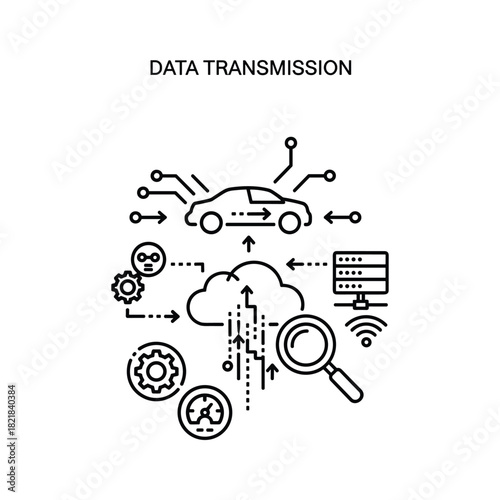 Data transmission concept with car, cloud, server, and search icon