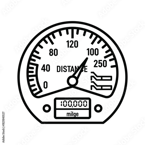 Black and white illustration of a vehicle speedometer and odometer gauge