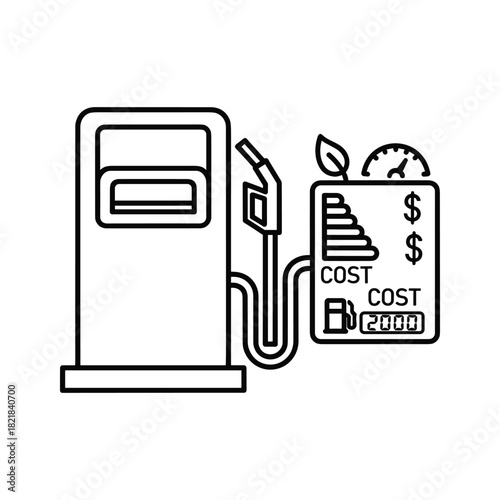Line icon of gas pump with cost meter showing eco fuel option