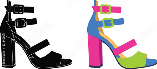 A side view illustration of two high heeled sandals one black one colorful