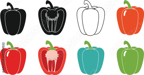 Colorful bell peppers in various styles whole halved and outlined designs