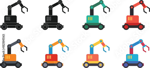 Set of robotic arms in various colors and configurations isolated icons