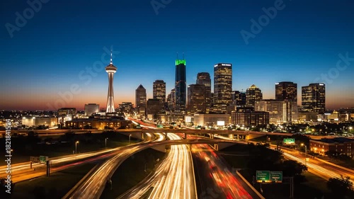 Downtown Calgary Alberta Skyline with Tower Building and Car Light Trails at Sunset with Orange Sky and Cityscape Buildings with a Telecommunication Tower