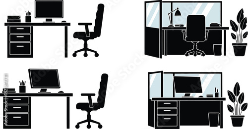 Minimalist office furniture set including desks chairs and cubicle designs