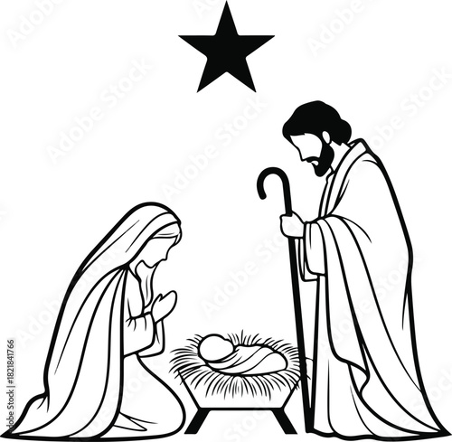 Silent Night: A symbolic representation of the nativity scene, depicting Mary and Joseph adoring the infant Jesus, under a guiding star, in a humble manger.