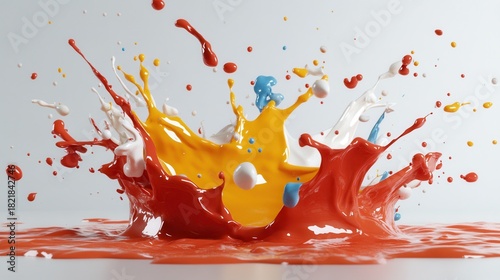 A lively combination of red, yellow, and white paint splashes dynamically interacts, presenting an eye-catching abstract composition filled with movement and emotion.