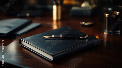 This image showcases an elegant black notebook alongside a classic fountain pen on a wooden desk with a sophisticated and artistic ambiance, perfect for creative writing.