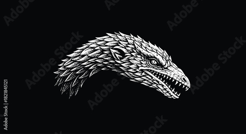 Monochrome dragon head vector, fierce serpent illustration, fantasy creature design, detailed scales, mythical beast art, black background, tattoo style, stock graphic