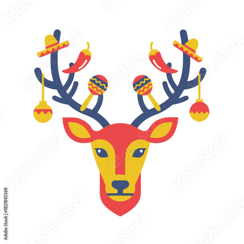 Festive Mexican Deer Head Illustration with Sombreros and Maracas