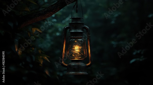 A vintage oil lantern casts a warm glow in a dark, lush forest, evoking a sense of adventure and mystery. The interplay between light and shadow captivates the viewer.
