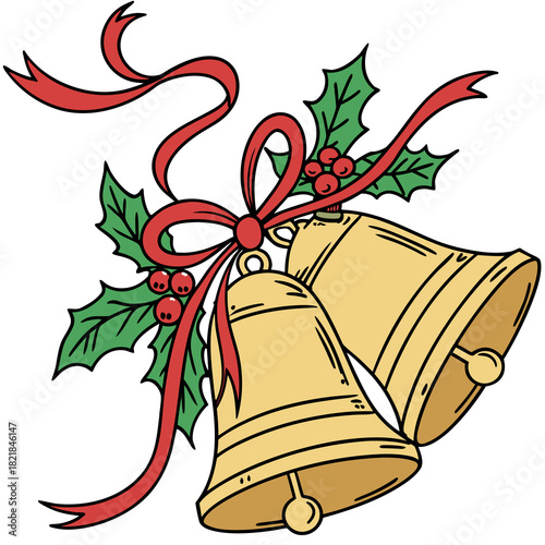 Christmas Holiday Bells with Bow and Holly Festive Icon Illustration