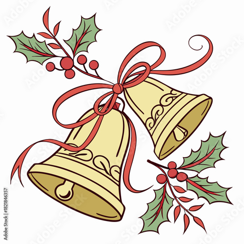 Christmas Holiday Bells with Bow and Holly Festive Icon Illustration