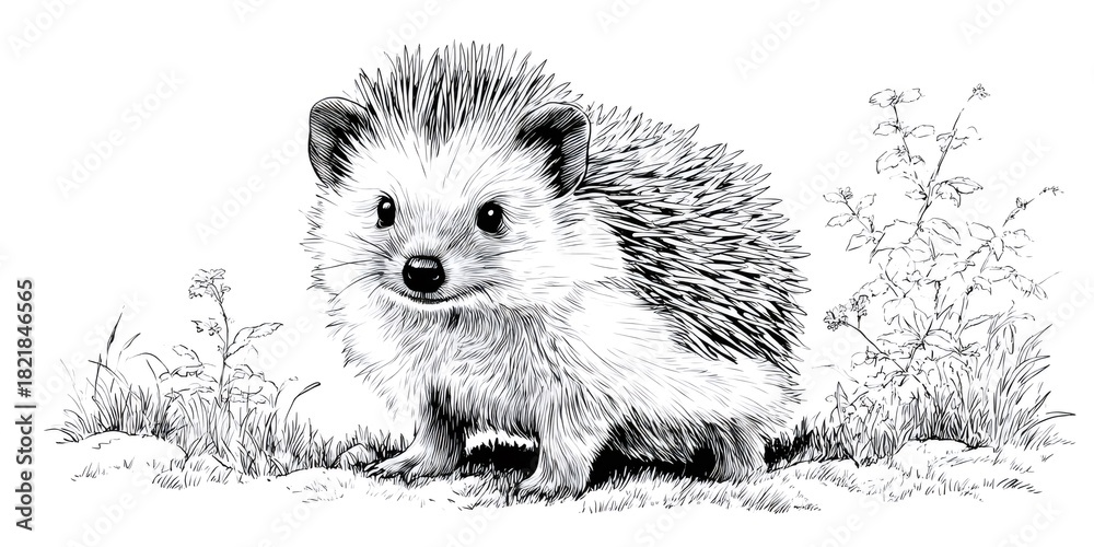 Naklejka premium Cute hedgehog standing in grass line art drawing