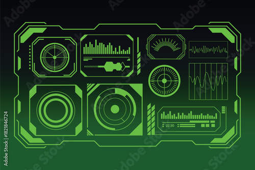 Futuristic neon green digital interface display with data visualizations