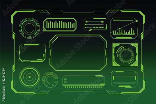 Futuristic green digital interface with data visualizations and hud elements