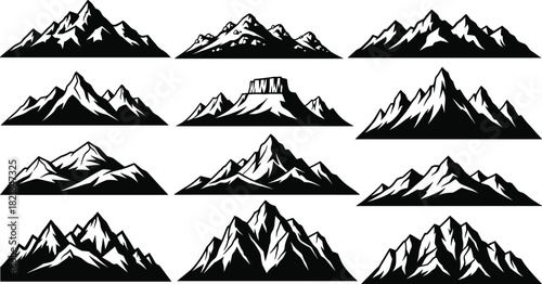 Mountain range silhouettes, black and white peaks, vector landscape icons, stylized alpine contours, jagged summit shapes, abstract nature illustration, graphic terrain elements