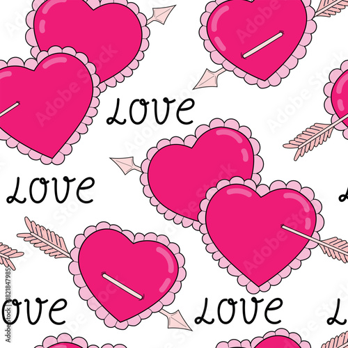 Y2k seamless pattern with hearts. Various variants of hearts pierced by an arrow. Vector illustration