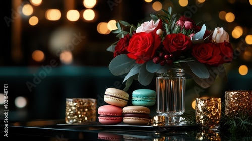 This beautifully arranged image features colorful macarons alongside vibrant flowers, capturing the essence of luxury dessert presentation in an elegant café setting with soft lighting.