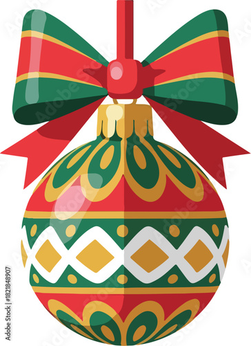 Festive Bauble with Red Bow: A vibrantly colored Christmas ornament, adorned with intricate patterns and a decorative red bow, embodies the joyful spirit of the holiday season.
