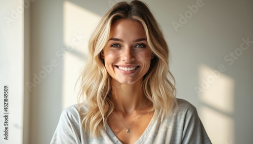Free Download Young blonde woman in grey t-shirt smiles warmly showing white teeth. Natural light illuminates her face with soft shadows. She has blue eyes and wears delicate necklace, conveying positivity and joy. - GFXLoad