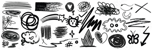 Chalk scribble doodle elements set for poster, social media. Crayon handwritten doodles. Rough hand drawn marker sketch with brush grunge texture. Vector illustration, pencil drawing.