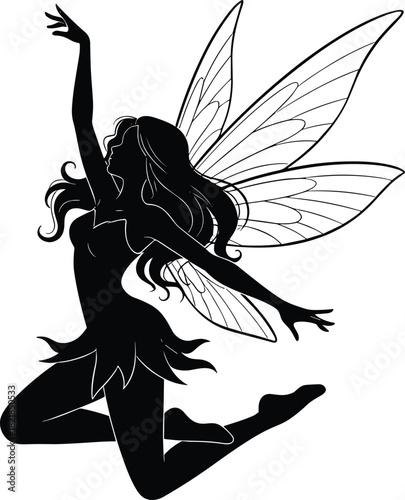 Silhouette fairy flying in air, magical wings, fantasy character, leaf dress, whimsical pose, enchanted creature, mythical theme, vector illustration, black art