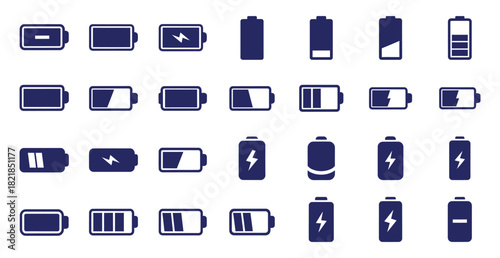 Collection of dark blue battery icons showing different charge levels power energy