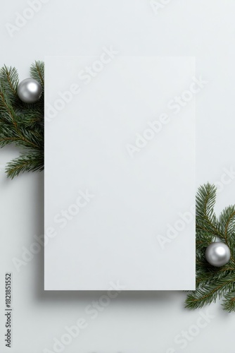 Blank canvas framed by evergreen branches and festive ornaments,