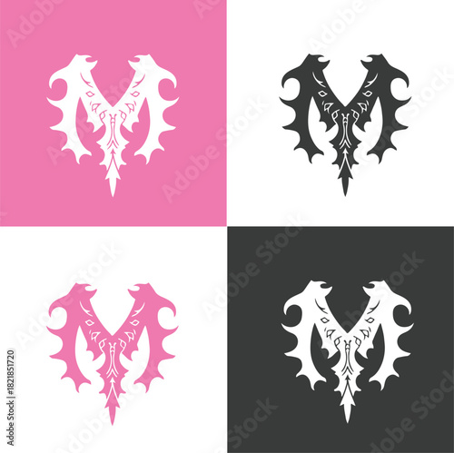 Set of stylized Gothic letter M logos with tribal ornaments in pink black and white vector illustration