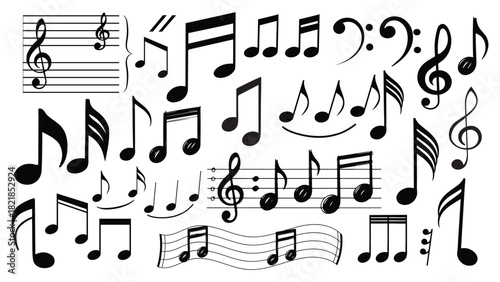 High quality vector illustration of a music notes icon set featuring treble clef, bass clef, staff lines and various rhythm and melody symbols. Clean black music icons isolated on white background
