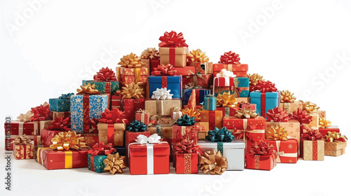 A huge, colorful mountain of beautifully wrapped gift boxes with festive ribbons, stacked high for a celebration, isolated on a white background
